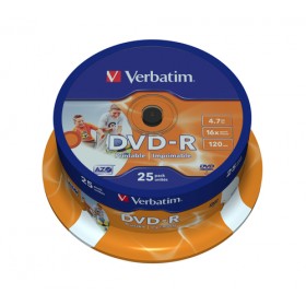 VERBATIM DVD-R 16X, 4,7GB, 25 PACK SPINDLE, WIDE INKJET PRINTABLE, 21-118 MM