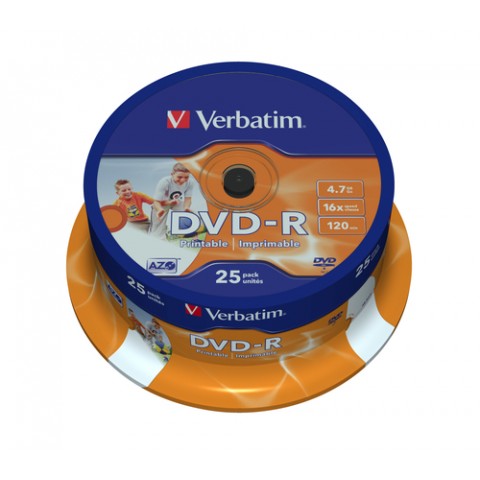 VERBATIM DVD-R 16X, 4,7GB, 25 PACK SPINDLE, WIDE INKJET PRINTABLE, 21-118 MM