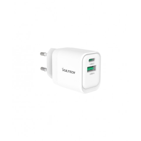 VULTECH CARICATORE ADATTATORE UNIVERSALE, 1 X TYPE-C PD30 E 1 X USB QC3.0, GAN PPS 33W, BIANCO COMPA