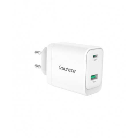 VULTECH CARICATORE ADATTATORE UNIVERSALE, 1 X TYPE-C, 1 X USB PD45 GAN PPS 45W QC3.0, BIANCO COMPATT