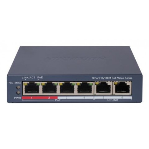 SWITCH HIKVISION SMART MANAGED POE 10/100 L2, 4 10/100M RJ45 POE PORTS, 2 10/100M RJ45 PORT, 802.3AF