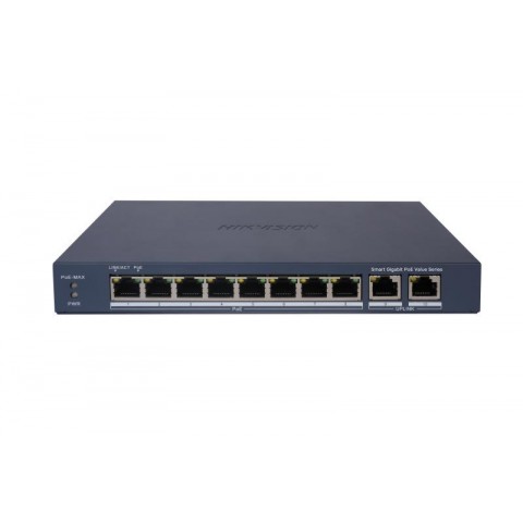 HIKVISION SWITCH L2, SMART MANAGED, 8 GIGABIT RJ45 POE PORTS, 2 GIGABIT RJ45 PORT, 802.3AF/AT, POE P