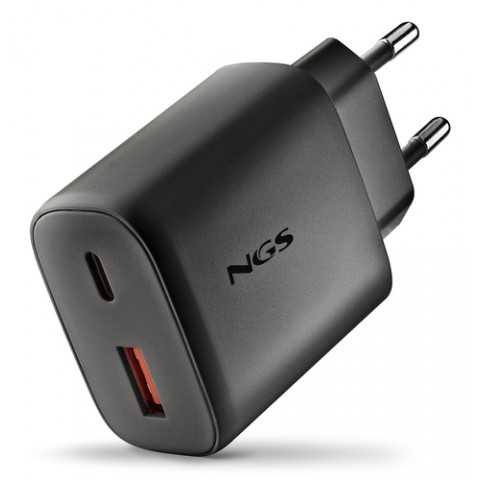 NGS ERA 45W BLACK: CARICATORE GaN DA PARETE UNIVERSALE DA 45W con 2 porte: USB-C + USB-A